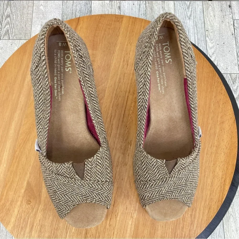 Toms Wedge Heels Herringbone Tweed Peep Toe Cork‎ Brown Tan Size 8